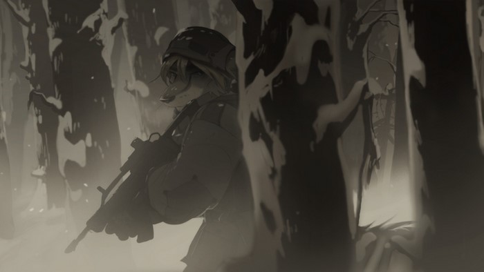 Furry soldier with rifle in snowy forest