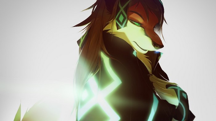 Illustration of a wolf-like character with green markings