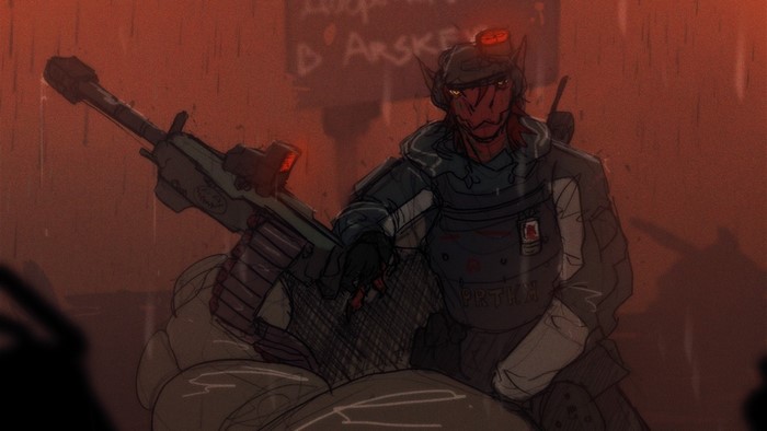 Anthro soldier with a rifle in the rain