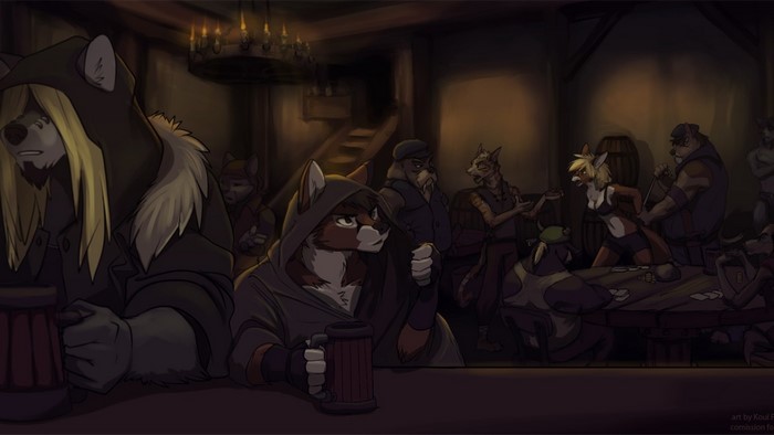 Furry characters in a dimly lit tavern