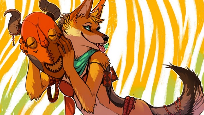 Furry jackal holding a mask with horns