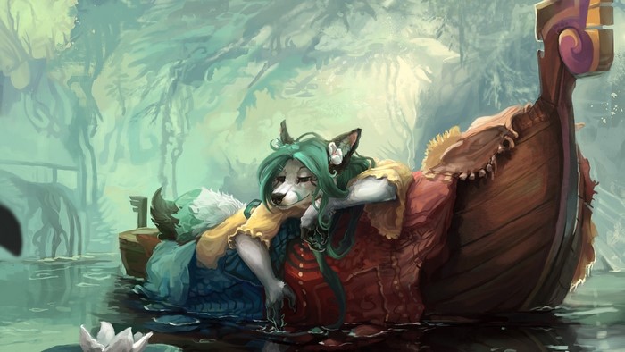 Furry wolf character resting in a boat in a swamp