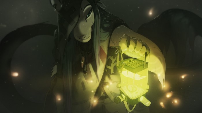 Furry character holding a glowing lantern in the dark