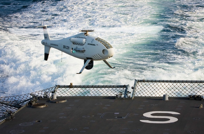Schiebel S-100 Camcopter drone over water