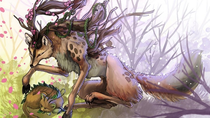 Mythological creature with deer antlers and fox head