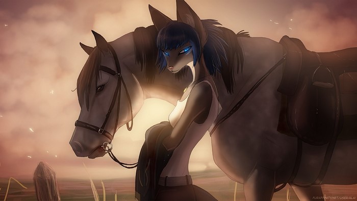 Furry character with a horse at sunset