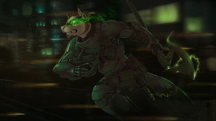 Furry character with axe and gun in dark city