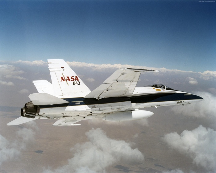 NASA F-18 Hornet aircraft in flight
