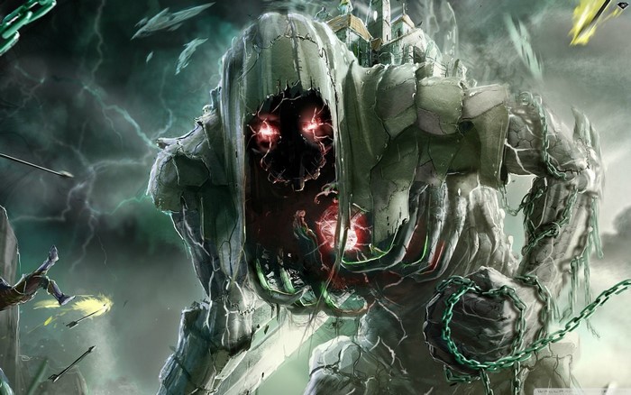 Giant stone golem with a castle on its back