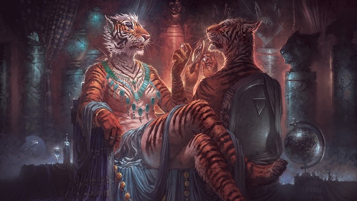 Two anthropomorphic tigers in a dimly lit temple