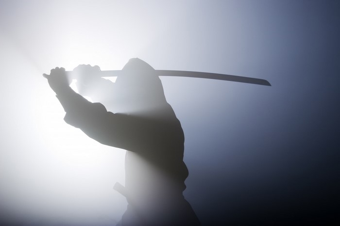 Silhouette of a ninja with a sword in the fog