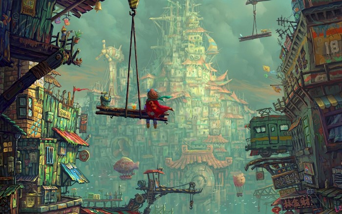 Fantasy city with a girl on a swing