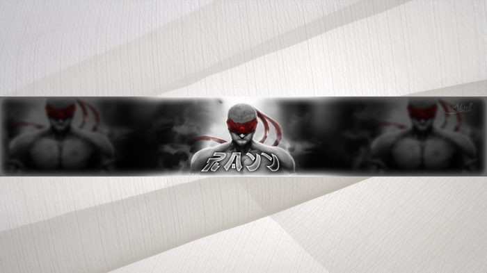 Man with red blindfold and Japanese text logo