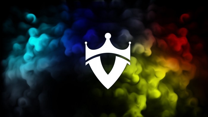 White crown logo on colorful smoke background