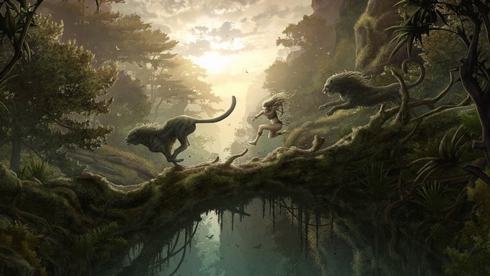 Fantasy art of a woman running from lions in a jungle