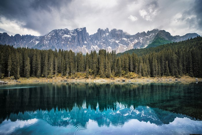 Lake reflection of pine forest and snowy mountains