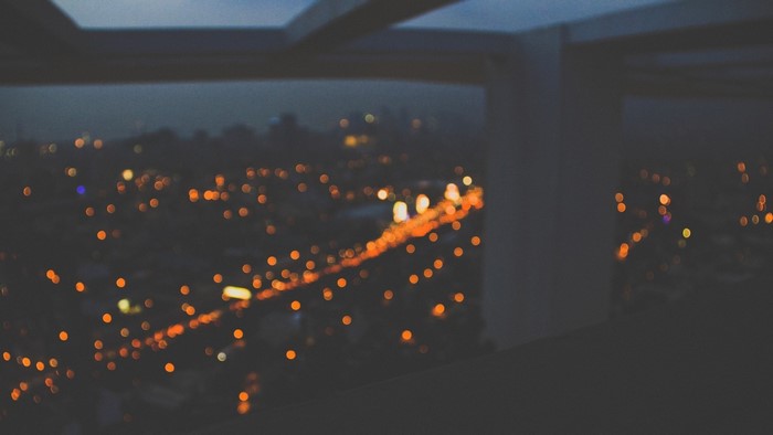 Blurred city lights at night from a high vantage point