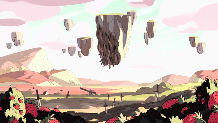 Steven Universe landscape with floating islands and strawberries