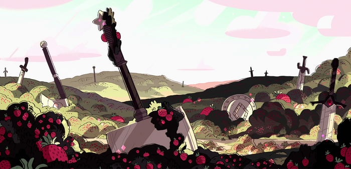 Steven Universe landscape with swords and strawberries