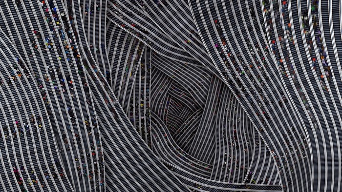 Abstract pattern of escalators and crowds