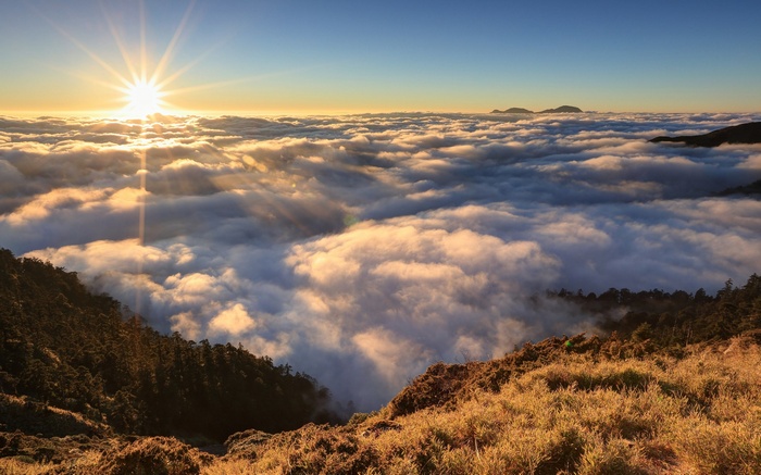 Sunrise over a sea of clouds from a mountain peak