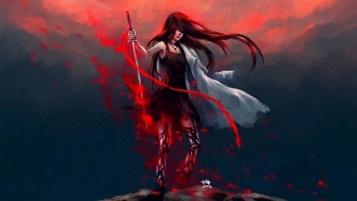 Woman with sword and red energy
