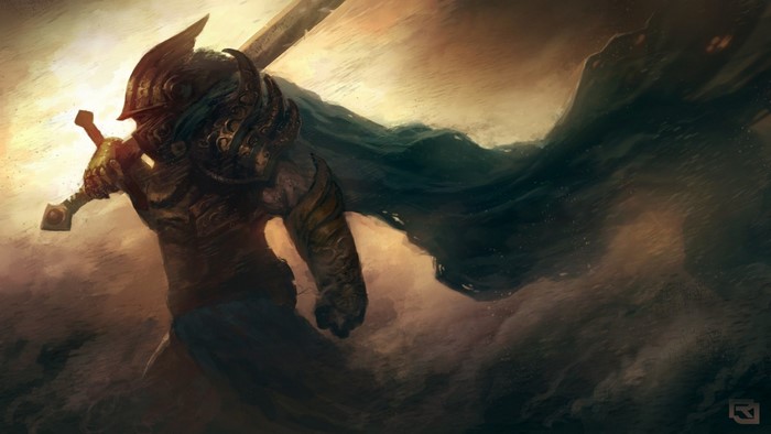 Warrior in ornate armor with a large sword and cape