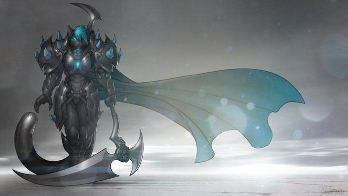 Furry character in armor with scythe and cape