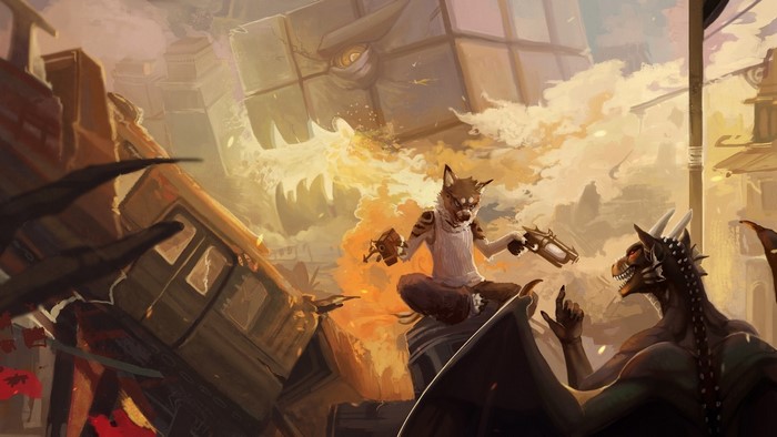 Furry character and dragon in a destroyed city