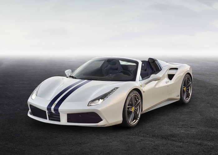 White Ferrari 488 Spider with Blue Stripes