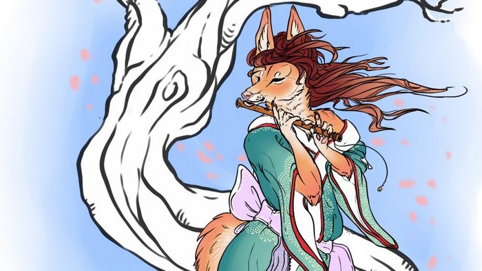 Furry character playing a flute under a tree