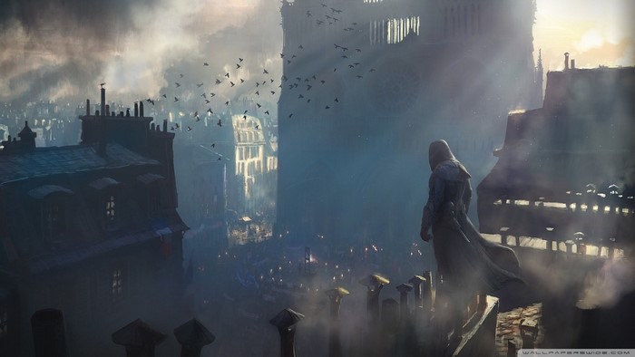 Assassin from Assassin's Creed Unity overlooking a city