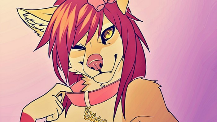 Furry character with pink bow and collar