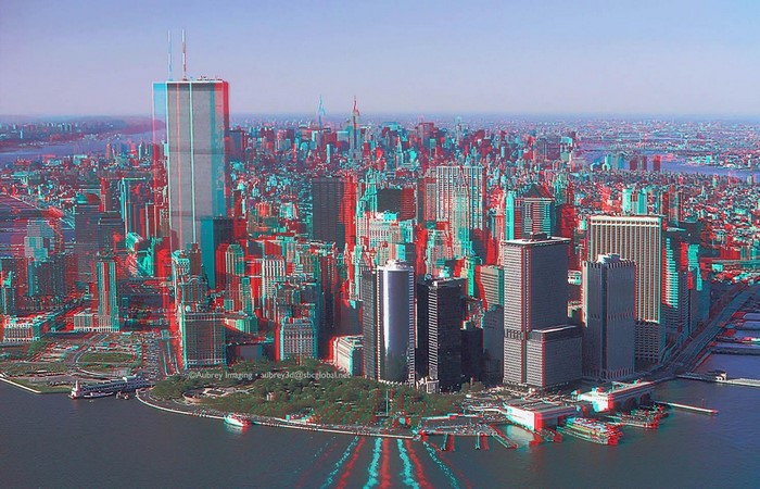 3D aerial view of New York City skyline with Twin Towers