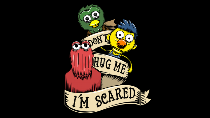 Don't Hug Me I'm Scared characters on a banner