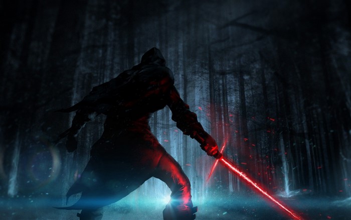 Kylo Ren from Star Wars holding a lightsaber in a forest