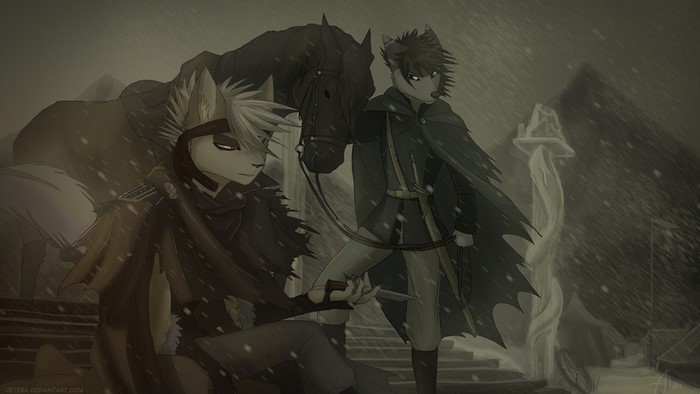 Two anthropomorphic characters with a horse in a snowy landscape