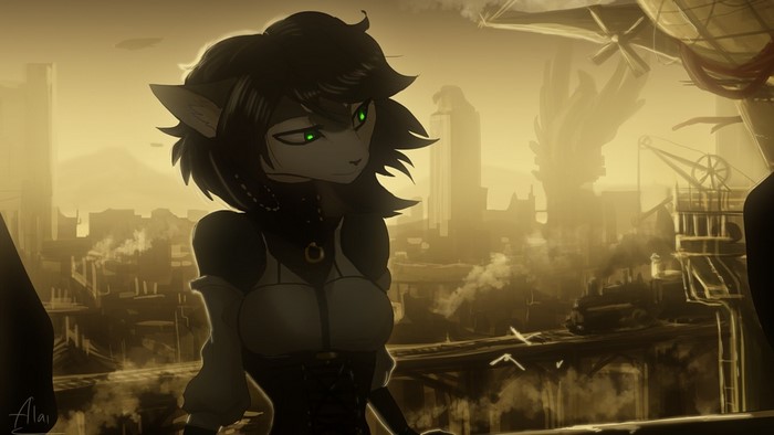 Anime cat girl in steampunk city