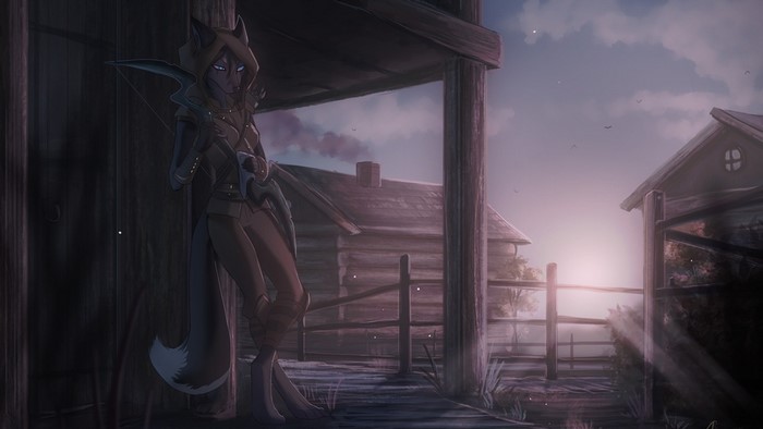 Furry archer leaning against a wooden structure at dusk