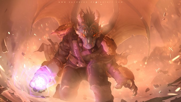 Dragon character casting magic in a fiery environment
