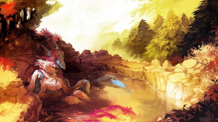 Furry creature resting in a stream with forest background