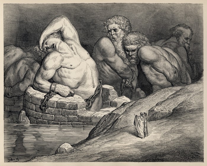 Dante and Virgil observe chained giants in Dante Alighieri's Inferno by Gustave Doré