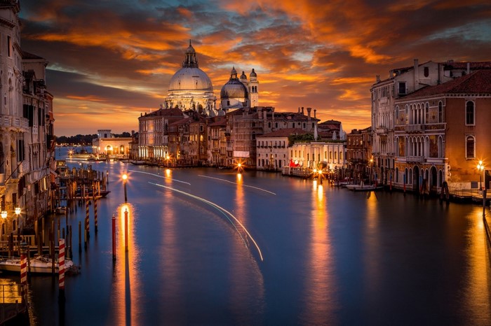 Venice canal at sunset with Santa Maria della Salute