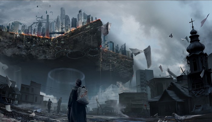 Floating city over ruined town with flying debris
