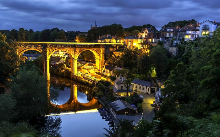 Knaresborough Viaduct at night over the River Nidd, England