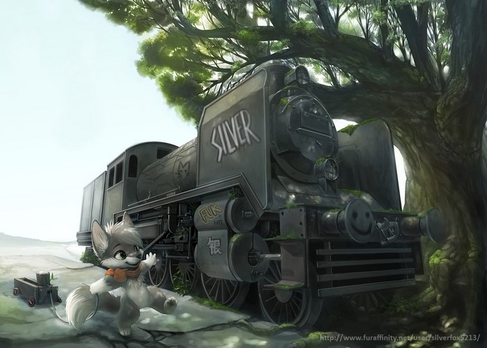Furry character with a toy train and a large locomotive