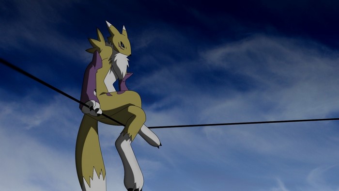 Renamon from Digimon on a wire against the sky