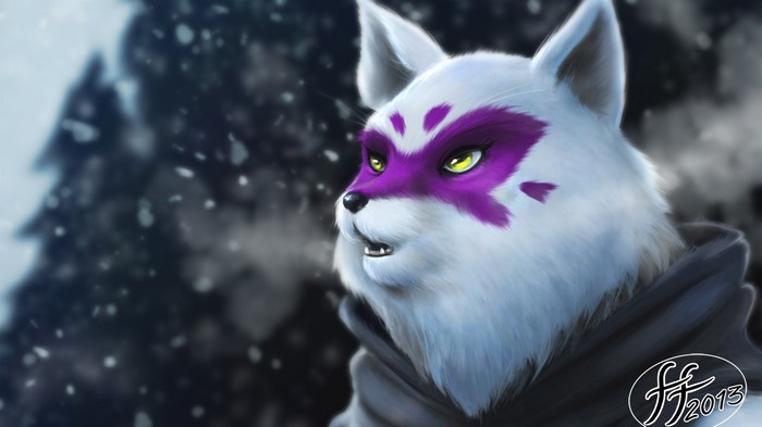 White fox with purple markings in snow