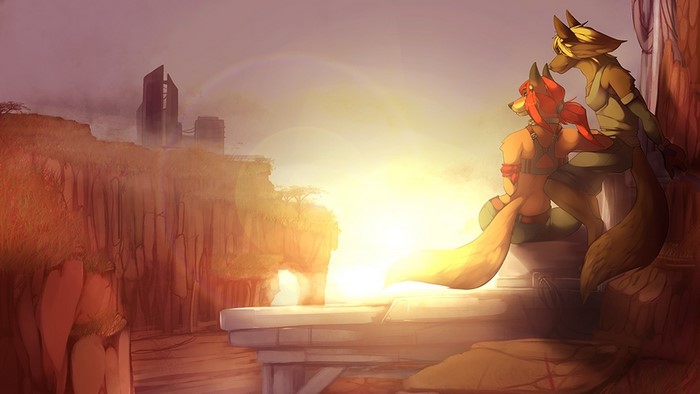 Two anthropomorphic foxes overlooking a canyon at sunset