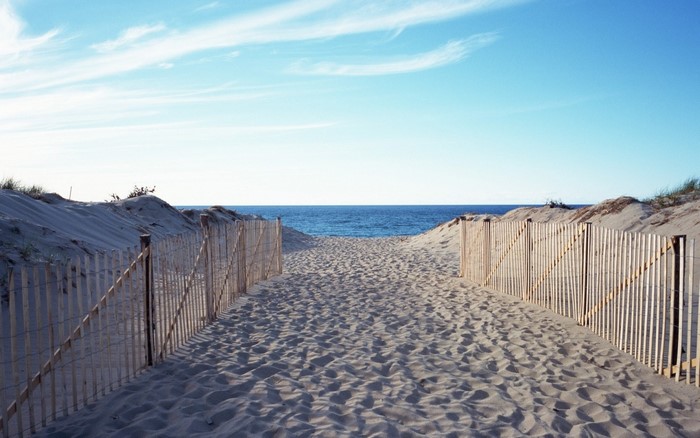 Sandy path with wooden fence leading to the ocean